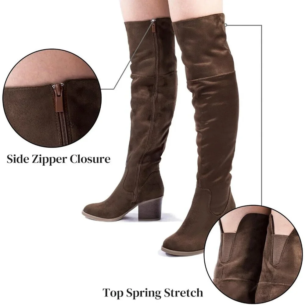 Women's Brown Thigh High Boots Stacked Block Heel Over The Knee Boots Rubber